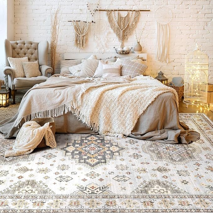 Washable Area Rugs for Living Room -10x13 Neutral Vintage Distressed Floral Farmhouse Boho Large Soft Floor Rug Indoor Non Slip Carpet for Living Room Bedroom Dining Room Office-Blue Brown-Ruum Studio Home