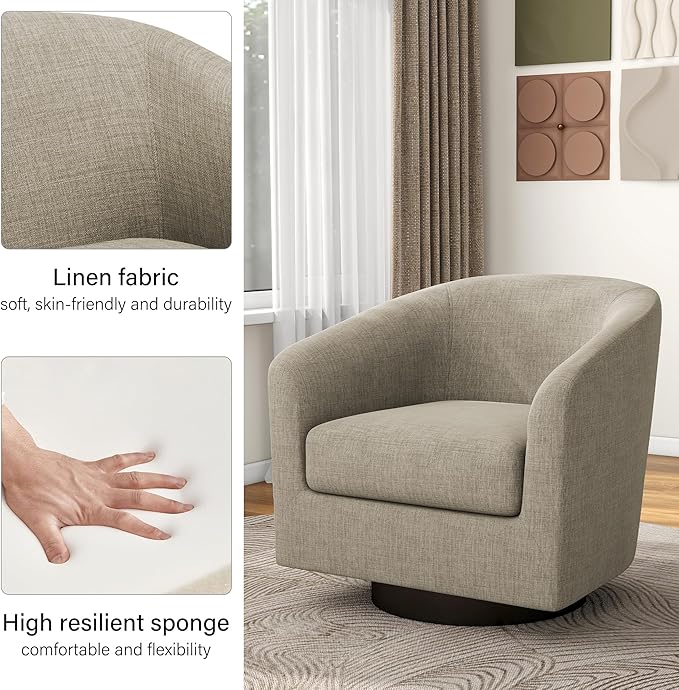 Swivel Barrel Accent Chair, Modern Round Linen Arm Chair for Living Room, Bedroom, Comfy Club Reading Chairs for Adults-Linen Fabric Light Brown, 1SEAT-Ruum Studio Home