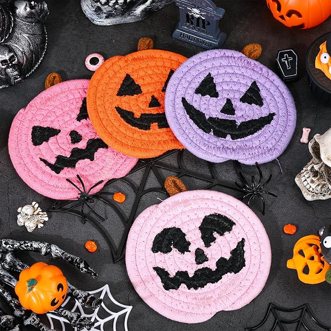 Whaline Halloween Pumpkin Cotton Coasters Colored Pumpkin Face Handmade Braided Drink Coasters Pink Purple Orange Absorbent Cup Mats for Trick or Treat Party Home Table Decor, Set of 4-Ruum Studio Home