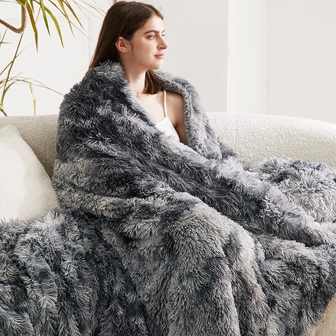 Bedsure GentleSoft Fluffy Sherpa Fleece Faux Fur Blankets Queen Size for Bed, Bedroom Decor Winter Thick Warm Full Queen Blankets, Fuzzy Plush Soft Heavy Mink Tie Dye Grey Bedding Cozy Gifts, 90x90-Ruum Studio Home