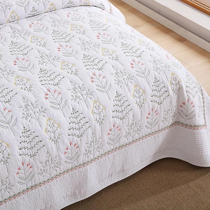 MarCielo 3-Piece 100% Cotton Oversized Bedspread Lightweight Quilt Coverlet Embroidery Farmhouse Bedding Set(TL Floral White,Oversized Queen (100"x106"))-Ruum Studio Home