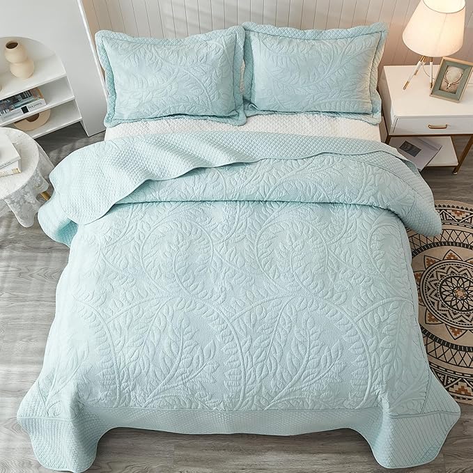 MarCielo 3-Piece 100% Cotton Oversized Bedspread Lightweight Quilt Coverlet Embroidery Farmhouse Bedding Set T0 (Aruba Blue, Oversized King (118"x106"))-Ruum Studio Home