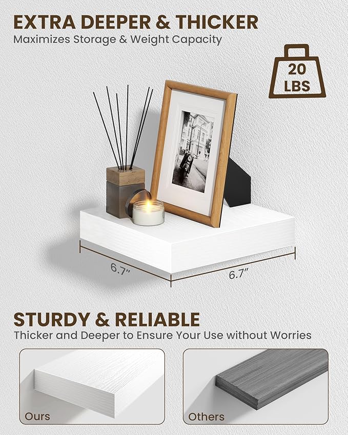 Marsmiles 6.7" Floating Shelves for Wall, Wooden Shelves with Invisible Brackets Set of 2, Rustic Farmhouse Wall Mounted Shelf for Kitchen Bathroom Living Room Study, White-Ruum Studio Home