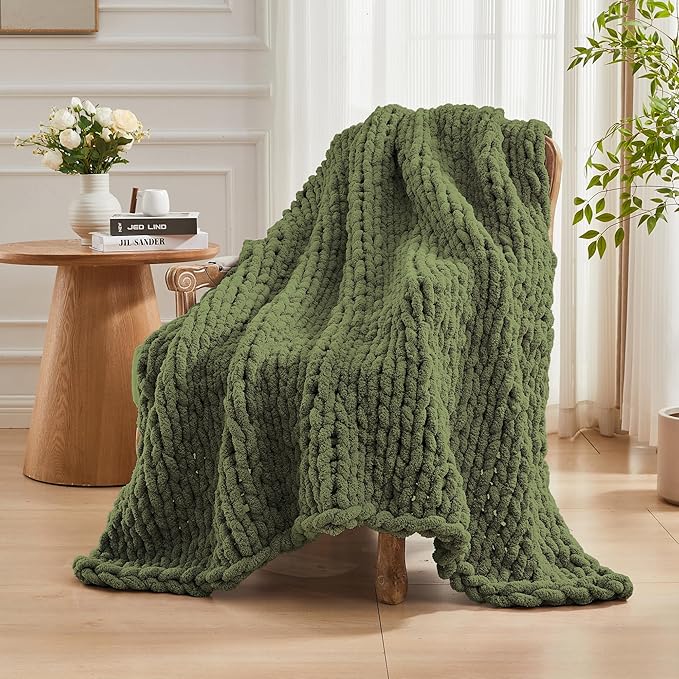 Carriediosa Chunky Knit Throw Blanket 60" X 80" Twin, 100% Hand Made Large Chenille Loop Yarn Soft Fluffy Throws for Couch Sofa Bed, Big Crochet Cozy Heavy Thick Cable Woven Blankets, Olive Green-Ruum Studio Home