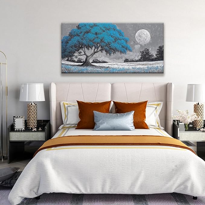 TAIJXAGSG Wall Art For Living Room Blue Tree Moon Canvas Art Wall Decor Artwork Print Painting 20" X 40" Canvas Picture For Bedroom Decor Modern Salon Kitchen Office Hang A Picture-Ruum Studio Home