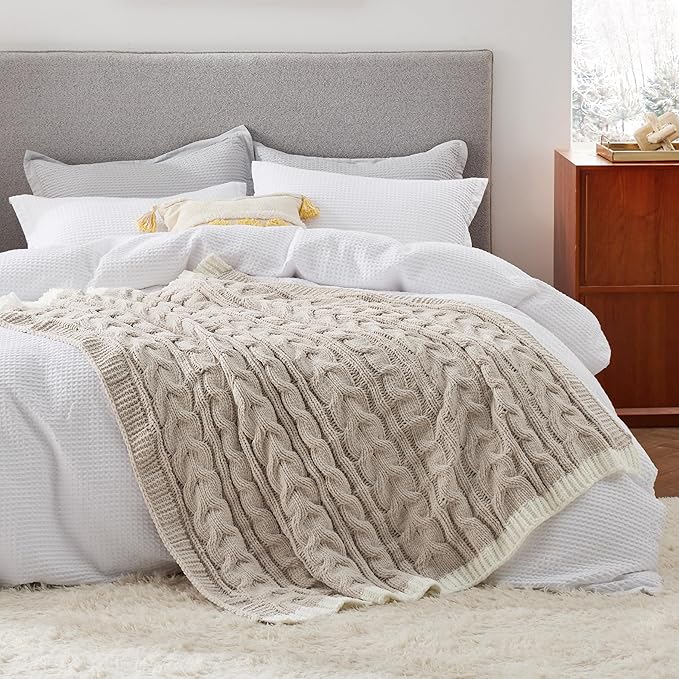 Bedsure Cable Knit Twin Blanket for Couch Bed - Breathable Chenille Chunky Knit Twin Blanket for Decorative Gift, GentleSoft Cozy and Warm for Winter and All Seasons, Beige, 60x80 Inches-Ruum Studio Home