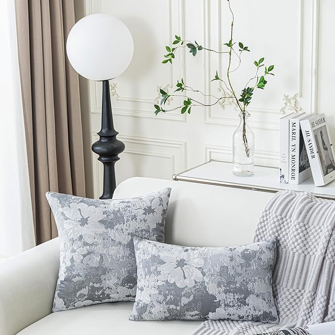 Jacquard Throw Pillow Covers 18x18 Inch Set of 2 - Vintage Floral Boho Pillow Cases with Botanical Pattern | Farmhouse Decor for Couch Living Room | Soft Textured Neutral Trio Slate Gray 18" x 18"-Ruum Studio Home