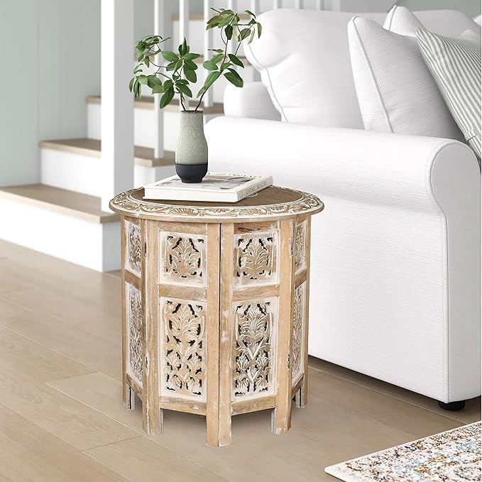 Lightnpro Hand Carved Solid Mango Wood Octagonal Accent Table - 18"×18" White Wash Farmhouse Vintage Home Décor Round End Table for Living Room, Bedroom, Entryway - Rustic Boho Side Table-Ruum Studio Home