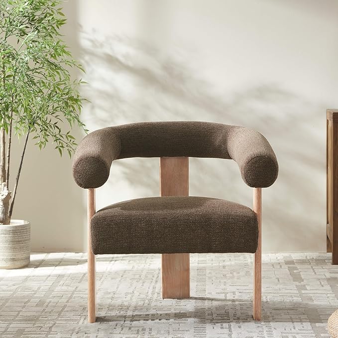 VKNOW Accent Chair Living Room Chair, Modern Upholstered Armchair with Solid Wood Legs, Comfy Barrel Arm Chairs for Living Room Bedroom, Brown-Ruum Studio Home
