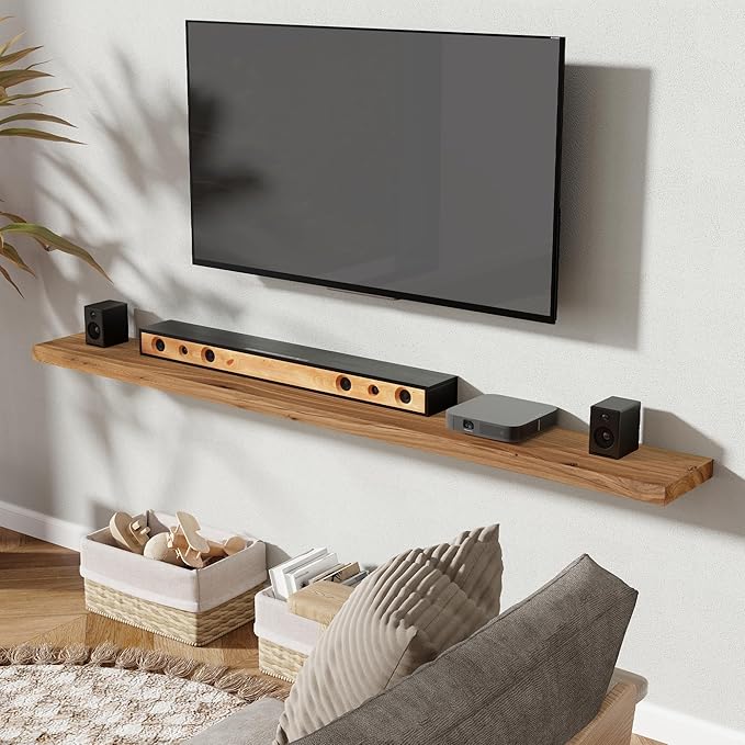 72" Floating Shelves for Wall, Rustic Elm Wood Floating Shelf for Home Decor, Wall-Mounted Display Shelves with Heavy-Duty Bracket, Long Floating Shelf for Bathroom, Kitchen, Natural Color-Ruum Studio Home
