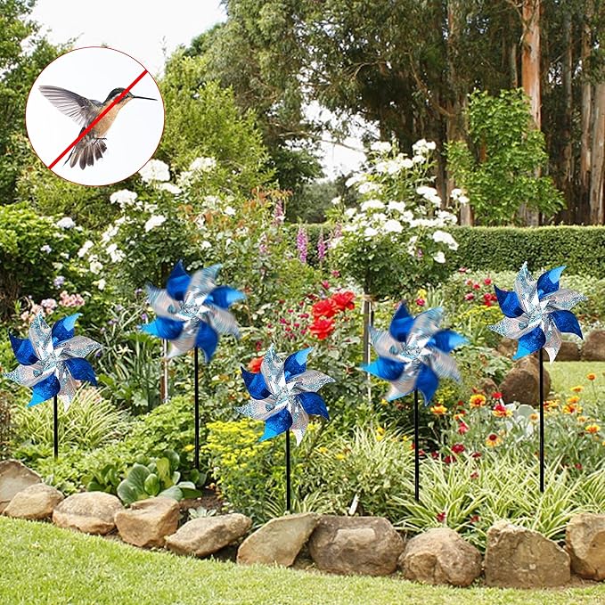 Hausse 10 Pack Reflective Pinwheels, Extra Sparkly Pinwheel, Bird Repellent Devices Deterrent to Scare Birds Away from Yard Patio Farm, Blue & Silver-Ruum Studio Home