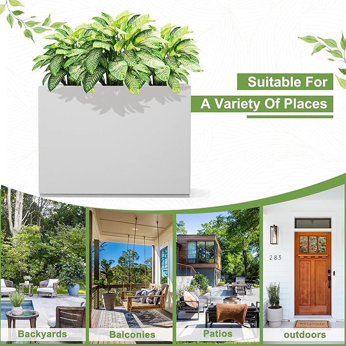 FENCY Metal Rectangular Planter Box Large Planters for Outdoor Plants, Tall Planters for Outdoor Plants with Drainage Holes, Rectangular Planters for Outdoor Plants (35.4" L x 9" W x 25.6" H,White)-Ruum Studio Home