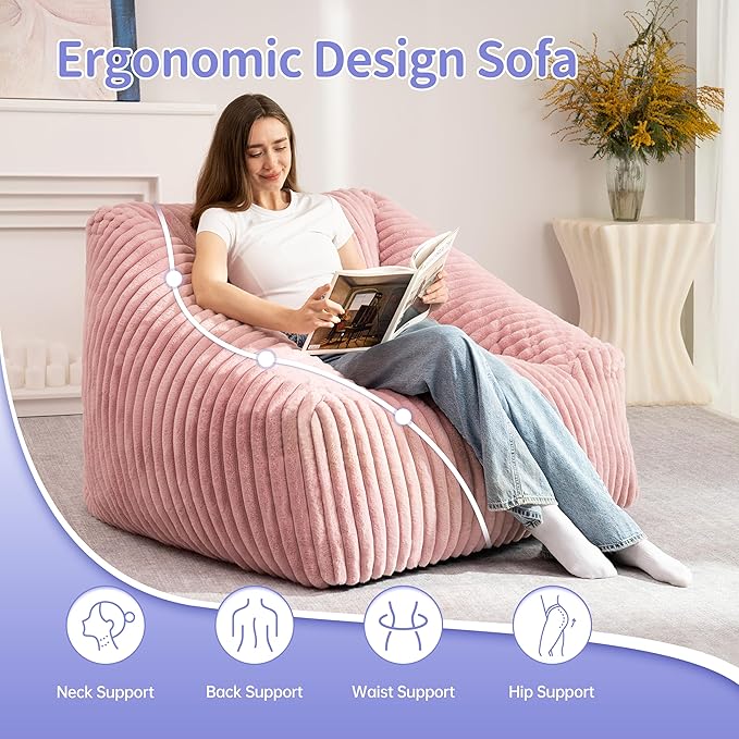 HABUTWAY Bean Bag Chair, Giant Bean Bag Chairs for Adults and Kids, Bean Bag Sofa, Lazy Floor Sofa, Faux Fur Beanbag Chair with Armrests for Living Room Bedroom (Pink)-Ruum Studio Home