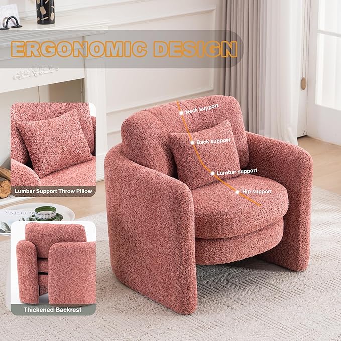 Chenille Accent Armchair Oversize Upholstered Barrel Comfy Modern Round Lounge Sofa Chair with Pillow Cozy Reading Chairs for Apartment,Office,Living Room,Dining,Makeup,Club,Pink-Ruum Studio Home