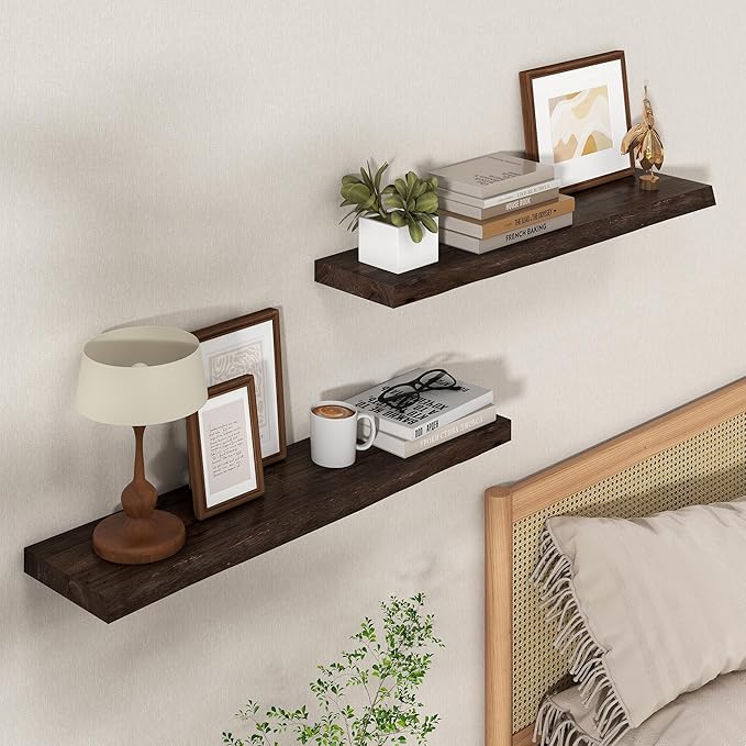 Axeman 32 inch Floating Shelves for Wall - 8'' D Live Edge Rustic Solid Elm Wood Floating Shelves Wall Mounted, Wall Shelves with Invisible Bracket for Living Room Bedroom Kitchen, Set of 2 Walnut-Ruum Studio Home