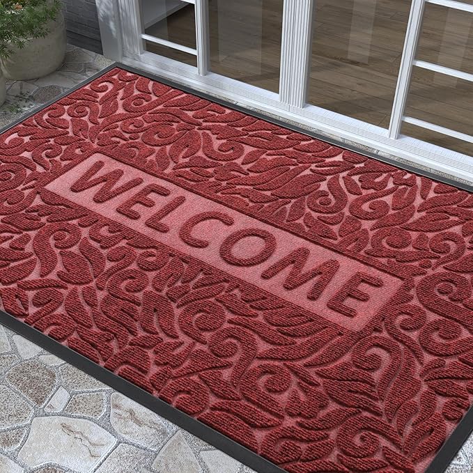 Yimobra Welcome Front Door Mat Outdoor, Heavy Duty Sturdy Non Slip Doormats, Rubber Backing, Low-Profile Entrance Rugs, Absorbent Resist Dirt, Easy Clean Patio Garage Floor Mats, 60X36 Inch, Wine Red-Ruum Studio Home