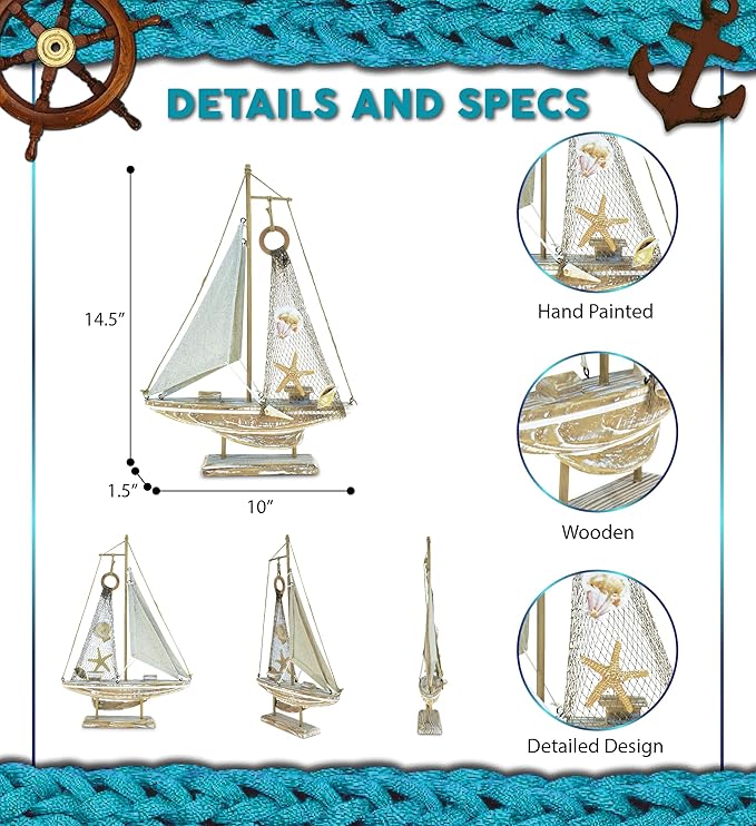 Puzzled Baja Haven Sailboat Decor - Handmade Beach Themed Wooden Boat Home Decor for Living Room Shelves, Tabletop, Desk, Cute Nautical Party Decorations - 14.5 Inches-Ruum Studio Home