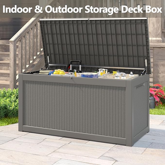 260 Gallon Resin Deck Box, Large Indoor and Outdoor Storage Box, Weatherproof and UV Resistant Outdoor Storage Box with Built-in Steel Beams for Patio Cushions, Pool Supplies-Ruum Studio Home