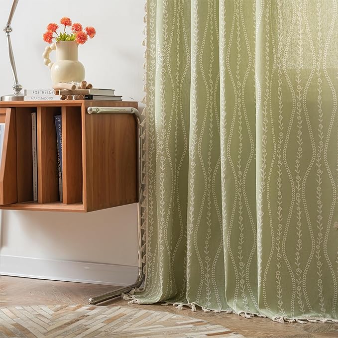 Sutuo Home Boho Curtains 63 Inches Length for Kitchen Doorway Cafe Dining Room, Vintage Tassels Window Treatment Drape for Xmas Decorations Rod Pocket, 1 Panel 59" W x 63" L,Green Stripe Floral-Ruum Studio Home