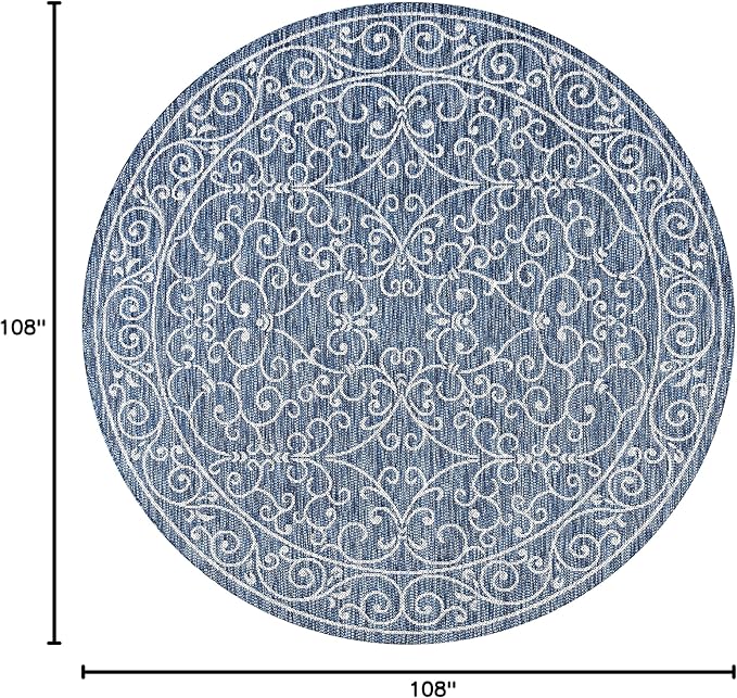 JONATHAN Y Vintage Filigree Indoor Outdoor Round Area Rug 9 Ft Navy/Gray, Charleston Textured Weave for Backyard, Patio, Porch, Easy-Cleaning, High Traffic, Pet-Friendly, Non-Shedding (SMB106D-9R)-Ruum Studio Home