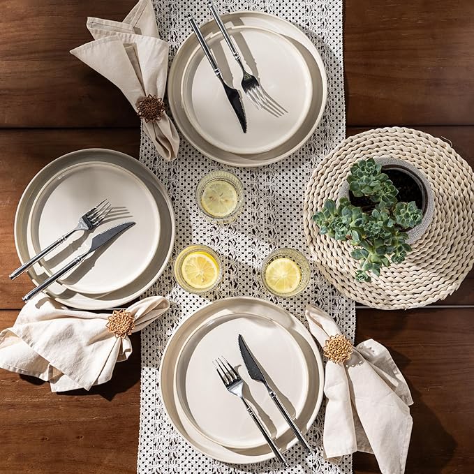 GBHOME Ceramic Dinnerware Sets for 4, 12 Pieces Stoneware Plates and Bowls Sets, Scratch Resistant Dishes, Dishwasher & Microwave Safe, Reactive Glaze-Vanilla color-Ruum Studio Home