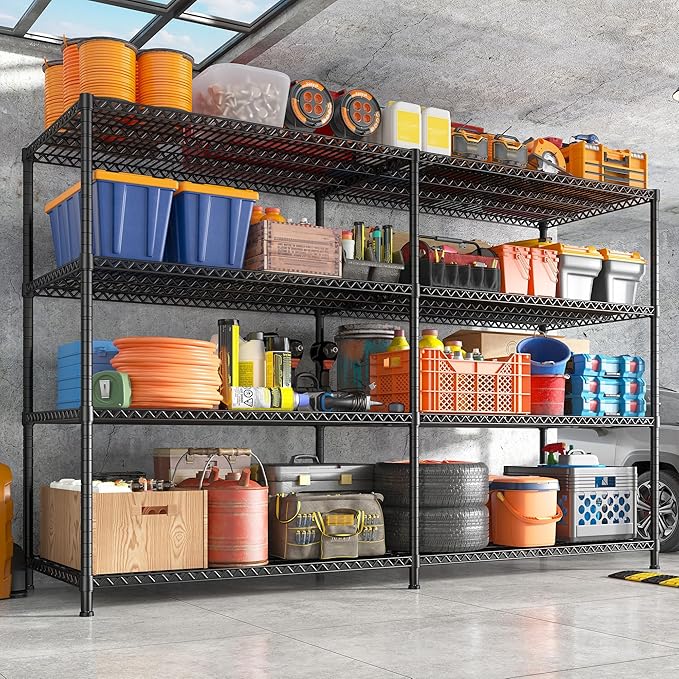 REIBII 81.5''W Storage Shelves 3680LBS Garage Shelving Heavy Duty 4 Tier Metal Shelving Unit Adjustable Wire Shelf and Storage Pantry Shelves for Kitchen Garage，81.5Wx23.62Dx70.86H，Black-Ruum Studio Home