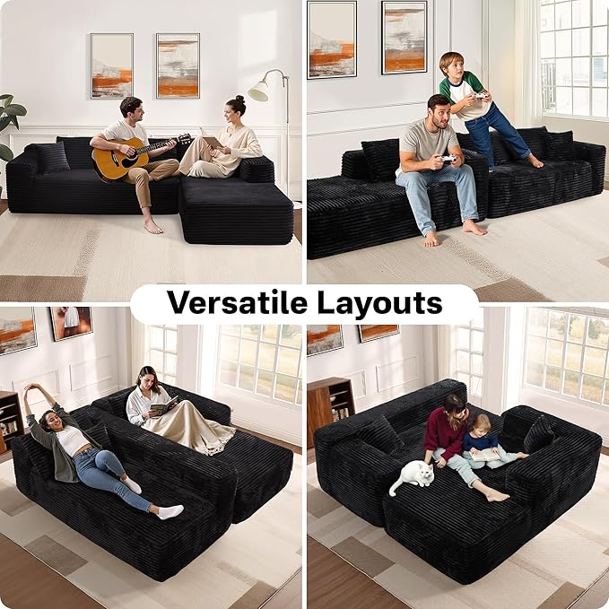 104" Cloudy Sectional L Shaped Couch for Living Room, No Assembly Required, Modular Comfy Sofa with Deep Seat, Fluffy Couch with Sleeper Chaise for Apartment Lounge (Black)-Ruum Studio Home