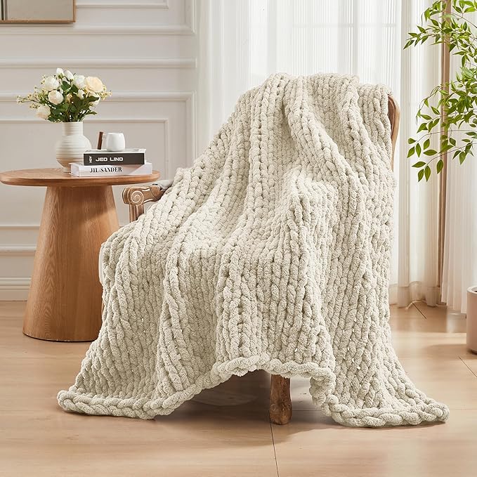 Carriediosa Chunky Knit Throw Blanket 60" X 80" Twin, 100% Hand Made Large Chenille Loop Yarn Soft Fluffy Throws for Couch Sofa Bed, Big Crochet Cozy Heavy Thick Cable Woven Blanket, Light Beige-Ruum Studio Home