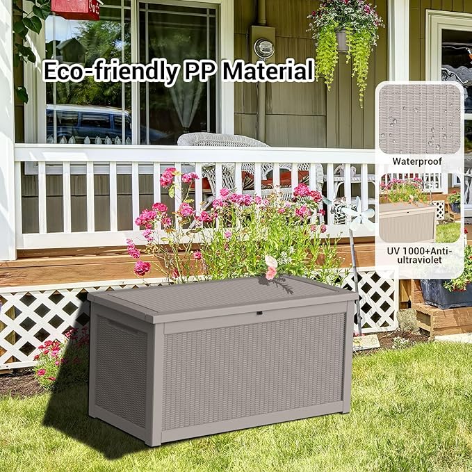 DRATO 260 Gallon Deck Box, Outdoor Large Waterproof Resin Storage Box with Lockable Lid for Patio Cushions, Gardening Tools, Sports Equipment, Light Brown-Ruum Studio Home