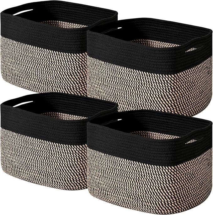 Storage Baskets for Shelves Organizing, Woven Cotton Rope Baskets for Storage, Book Basket, Decorative Shelf Basket, 12.5"Lx9.1''Wx7.9''H (4 Packs) Black & Jute-Ruum Studio Home