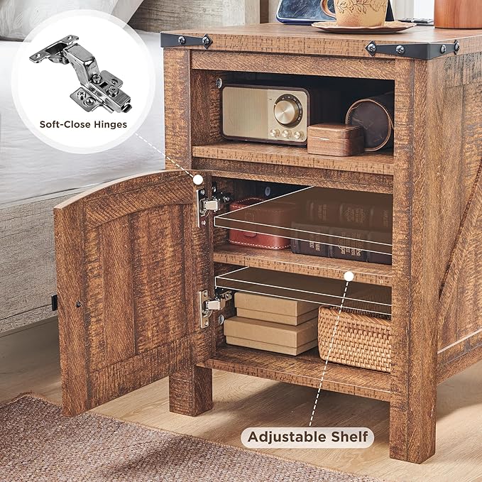 OKD Nightstand with Charging Station Set of 2, 18 Inchs Farmhouse End Table with Adjustable Storage Shelf, Rustic Wood Sofa Side Table for Living Room, Bedroom-Ruum Studio Home