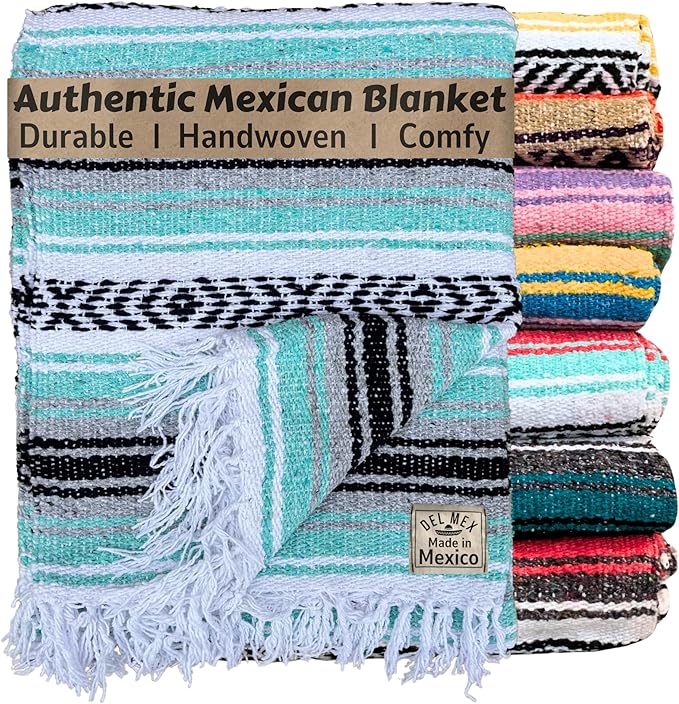 Del Mex Classic Mexican Blanket, Large Authentic Woven Falsa Throw (70"x50"), Artisan Southwest Décor for Beach, Yoga, Outdoors (Mint/Gray)-Ruum Studio Home