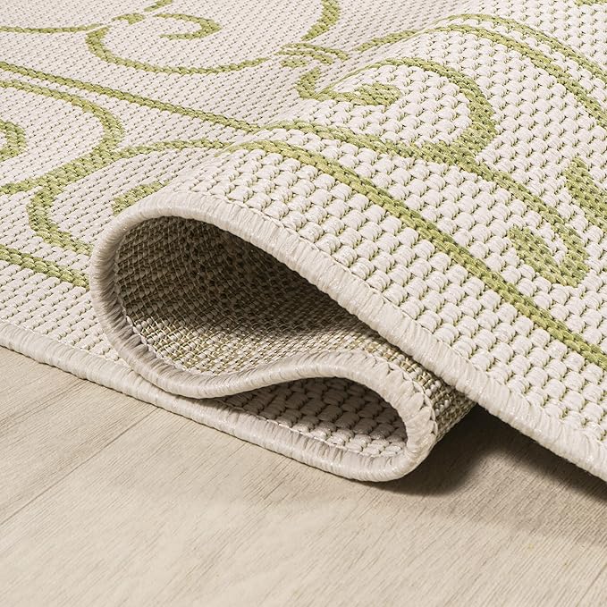 JONATHAN Y Vintage Filigree Indoor Outdoor Round Area Rug 5 Ft Cream/Green, Charleston Textured Weave for Backyard, Patio, Porch, Easy-Cleaning, High Traffic, Pet-Friendly, Non-Shedding (SMB106I-5R)-Ruum Studio Home