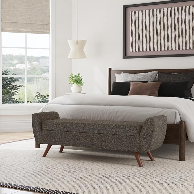 HomePop Modern Storage Bench with Wood Legs Home Décor|Bench with Storage for Living Room & Bedroom - Dark Brown Boucle-Ruum Studio Home