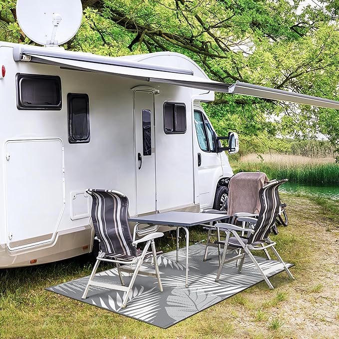 GENIMO Outdoor Rug 3' x 5' Waterproof for Patios Clearance, Reversible Outdoor Plastic Straw Camping Rug Carpet, Large Area Rugs Mats for RV, Camper, Deck, Balcony, Porch, Beach, Picnic, Grey&White-Ruum Studio Home