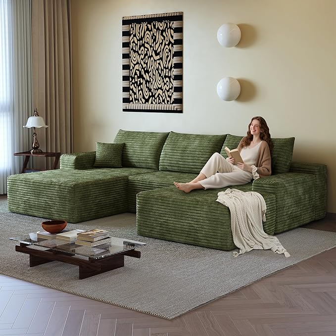 108" Sectional Couches for Living Room Modern Modular Sofa with L-Shape Couchs Upholstered Boneless Couch Deep Seat Sectional Couch with Chaise (Green, Left Facing Chaise+2Seaters+1Ottoman)-Ruum Studio Home