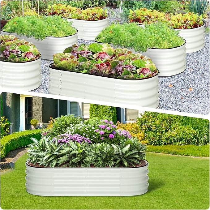 2 Pcs 4.5x2x2ft Oval Raised Garden Bed, Galvanized Raised Beds,Open-Ended Base Metal Raised Planter Beds,Garden Bed Outdoor,Planter Raised Boxes for Vegetables, Flowers,Tool-Free Asse,White-Ruum Studio Home