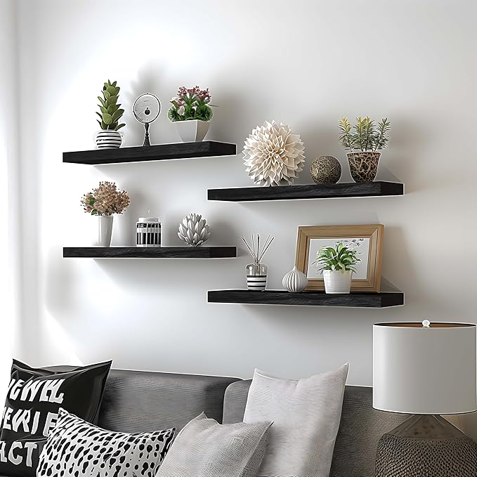 Black Wood Floating Shelves for Wall Rustic Wall Shelves for Bedroom Set of 6-Ruum Studio Home