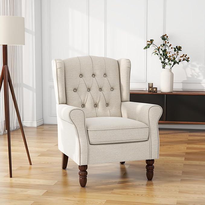 UIXE High Back Accent Chair, Upholstered Armchair in Fabric for Living Room, Retro Wingback Arm Chair Comfy Single Sofa Bedroom Reading Seat with Solid Wood Legs - Beige-Ruum Studio Home