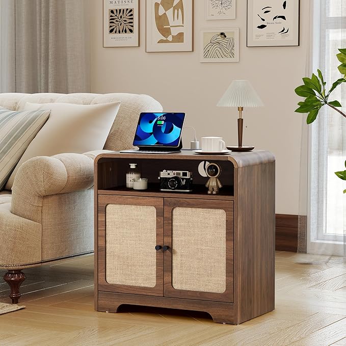 24" Large Side Table with Charging Station, Mid Century Modern End Table with USB/Type-C Ports, Curved Wood Nightstand with Storage & Natural Linen, Couch Side Table for Living Room Bedroom, Walnut-Ruum Studio Home