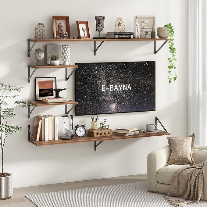 Floating Shelves 48 Inch Long, 10" Deep Floating Shelves, Walnut Wall Shelves 48 x 10, Set of 2, Wide Large Display Storage Shelves for Bathroom, Living Room, Rustic Wood Shelves with Brackets-Ruum Studio Home