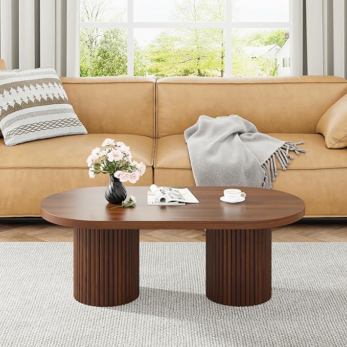 Oval Fluted Coffee Table, Farmhouse Wood Coffee Table Mid Century Modern Center Table Boho Living Room Tables for Living Room Office (Walnut, 19.69" D x 39.38" W x 13.78" H)-Ruum Studio Home