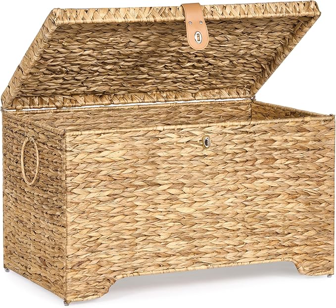 Handwoven Storage Basket with Lid, 165L Wicker Storage Bin, Natural Water Hyacinth, Leather Buckle & Metal Frame, Metal Ring Handles for Easy Transport, Storage Chest & Trunk for Bedroom, Living Room-Ruum Studio Home