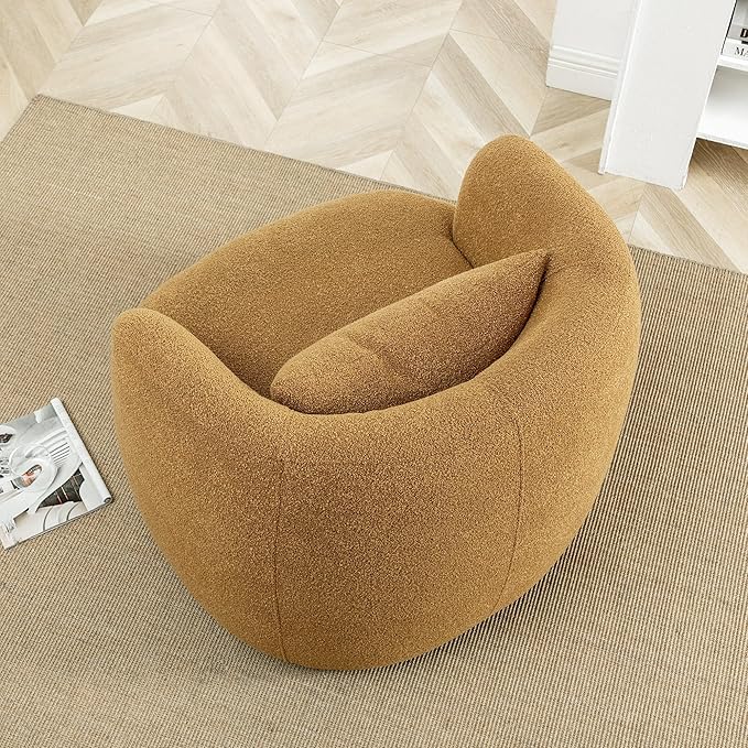 KINWELL 34" Wide Boucle Swivel Barrel Chair, No Assembly Round Upholstered Armchair Accent Chair Single Sofa Chair with Toss Pillow for Living Room and Bedroom, Brown-Ruum Studio Home
