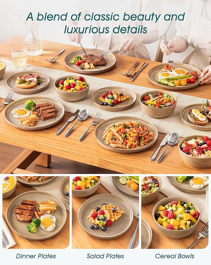 vancasso ANYA 24 Pieces Plates and Bowls Set, Caramel Dinnerware Sets, Reactive Glaze Dishes Set for 8, Ceramic Dishware Sets Kitchen Dinner Set, Microwave & Dishwasher Safe-Ruum Studio Home
