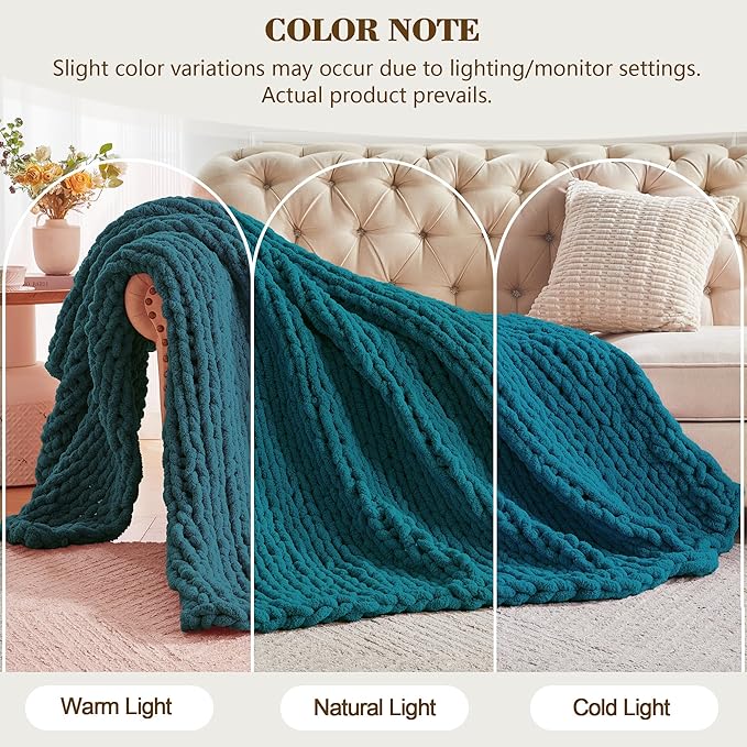 Carriediosa Chunky Knit Throw Blanket 50" X 60", 100% Hand Made Large Chenille Loop Yarn Soft Fluffy Throws for Couch Sofa Bed, Big Crochet Cozy Heavy Thick Cable Woven Blankets, Teal-Ruum Studio Home