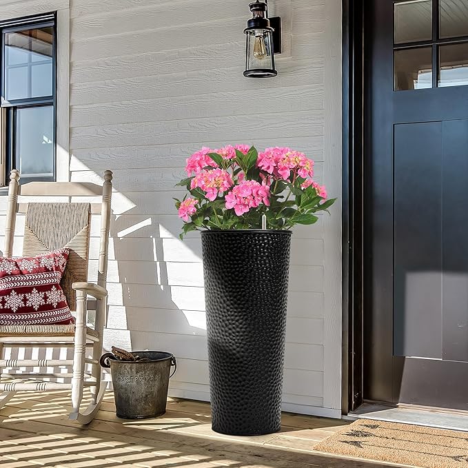 KOL 28" H. Tall Metal Cone Planters with Inside Pots 2-Pack, Black Hand-Hammered Large Decor Planter for Deck, Patio, Porch - Handcrafted Flower Pot - with Water Level Indicator - Indoor Outdoor Use-Ruum Studio Home