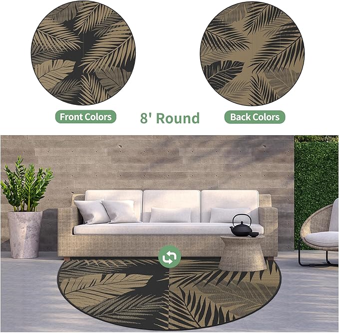 GENIMO Outdoor Rug 8' Round Waterproof for Patios Clearance, Reversible Outdoor Plastic Straw Camping Rug Carpet, Large Area Rugs Mats for RV, Camper, Deck, Balcony, Porch, Beach, Picnic, Black&Brown-Ruum Studio Home