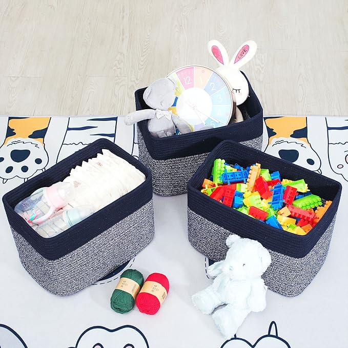MINTWOOD Design 3-Pack Storage Baskets for Shelves, Playroom and Classroom, Book Basket, Decorative Storage Cube Bins, Woven Closet Organizers, Pantry and Shoe Organizer, Navy Blue-Ruum Studio Home
