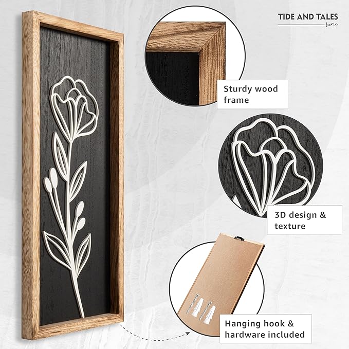 3D Vintage Black Living Room Decor (Set of 2) Lightweight, Wooden Ready-to-Hang Framed Moody Floral Wall Art for Bathroom, Bedroom or Office - Dark Textured Boho Farmhouse Wall Decor - Gift-Boxed-Ruum Studio Home